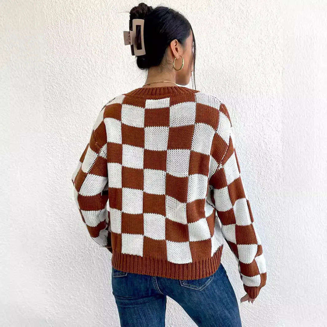 Dark brown acrylic pullover sweater with chessboard plaid pattern, loose round neck and long sleeves