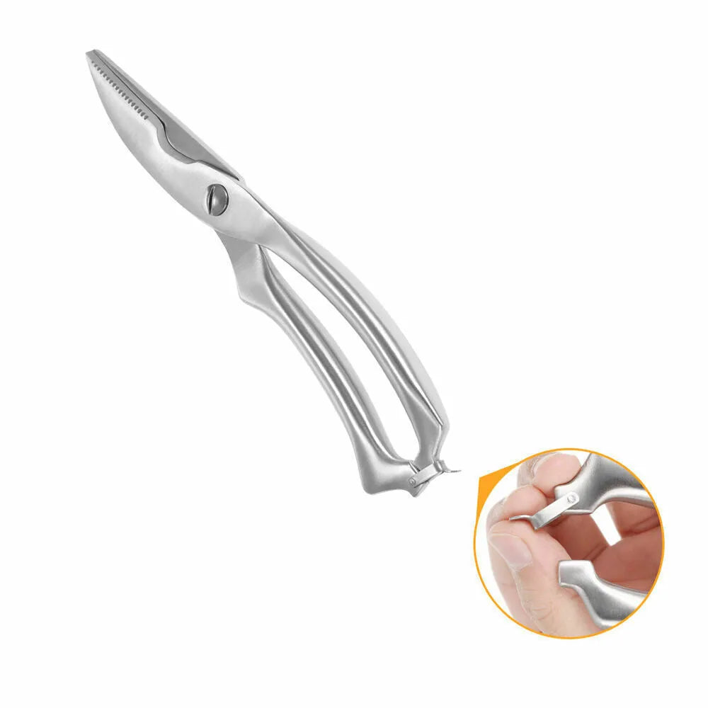 Silver whole stainless steel kitchen shears, 25cm x 4.5cm with 9cm blade, serrated edge and locking handle.