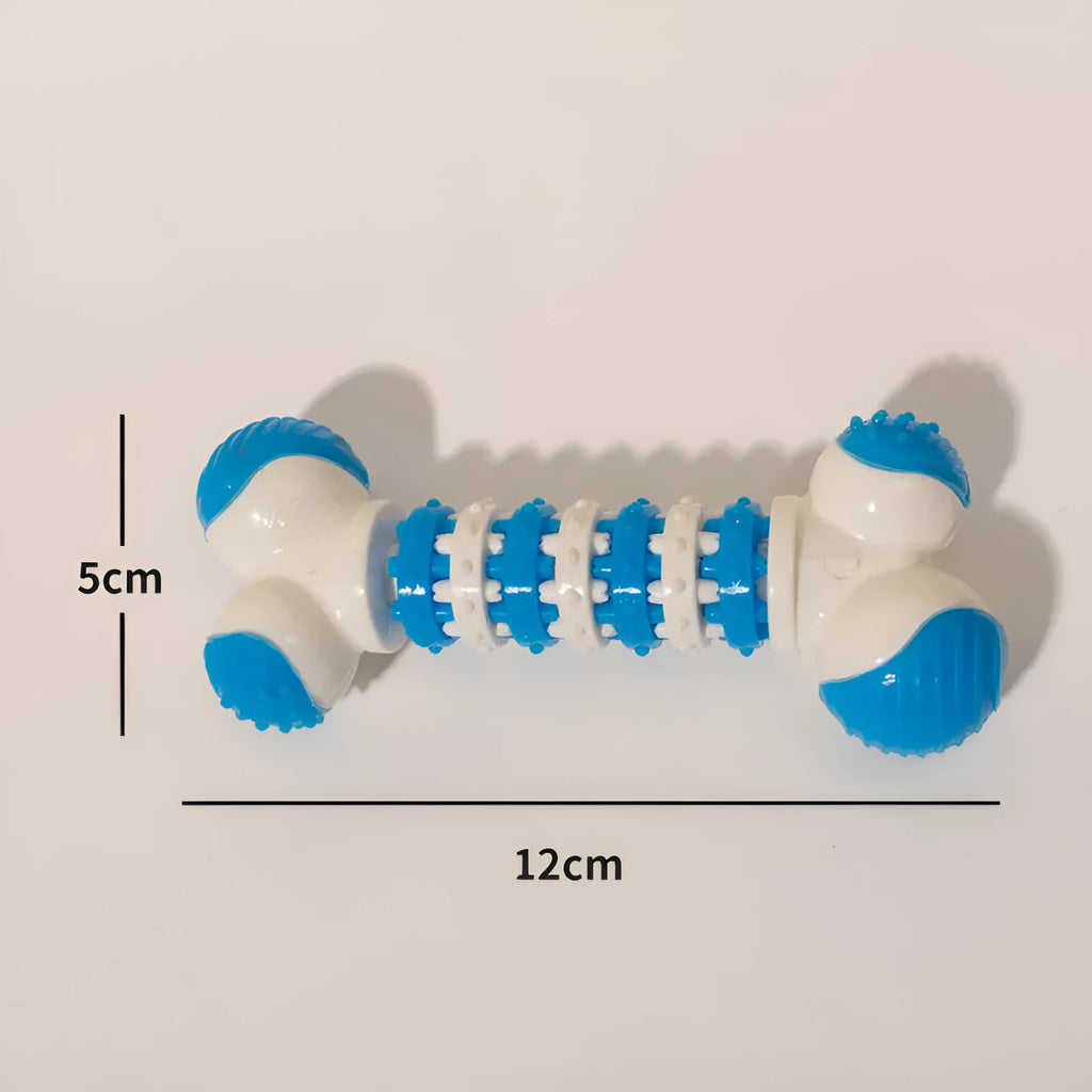 Blue bone-shaped interactive dog toy with chewable ends and central treat compartment for small breed dogs