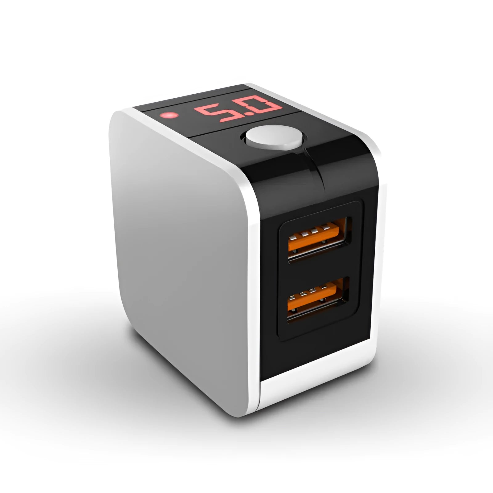 5V2.4A dual USB fast travel charger with digital display in black, white, or red colours