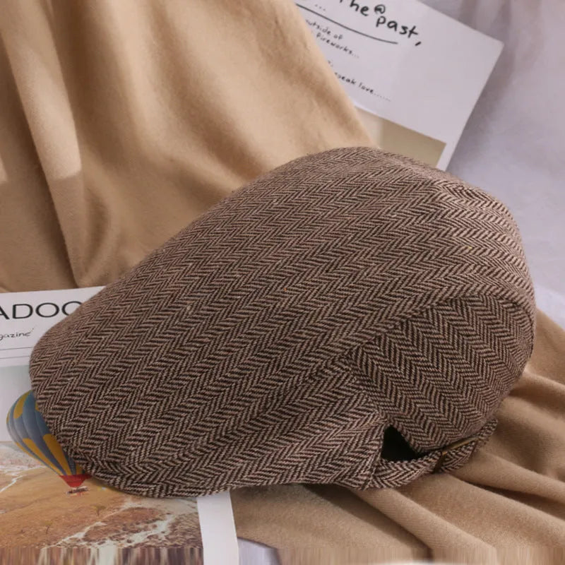 Autumn winter unisex herringbone beret cap adjustable 55-60cm shown in black