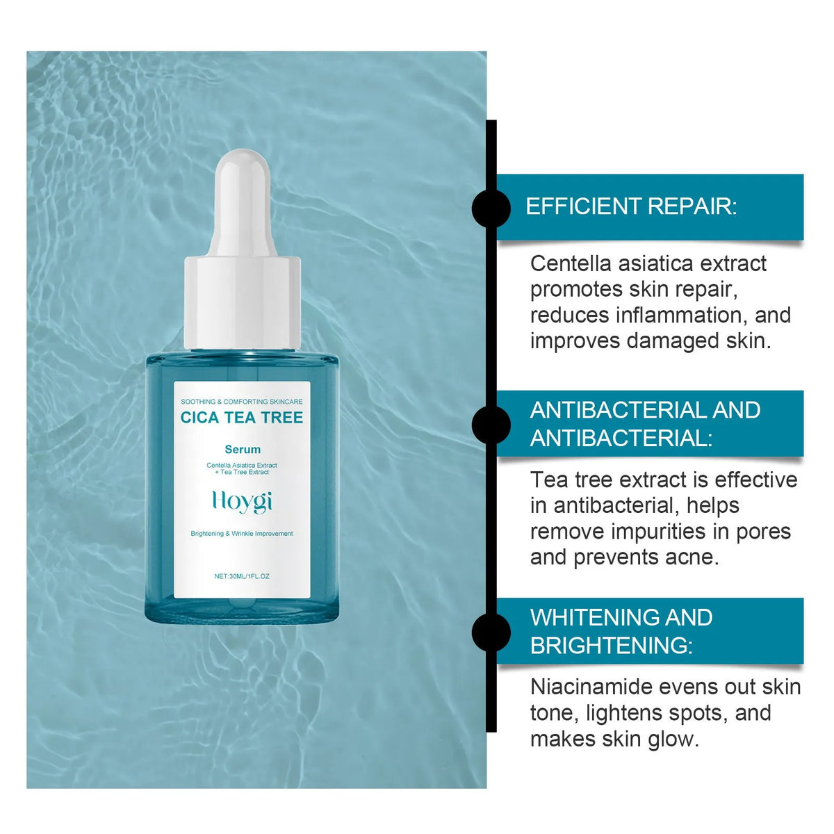 Blue glass bottle containing 30ml Centella Asiatica firming care solution serum for facial hydration