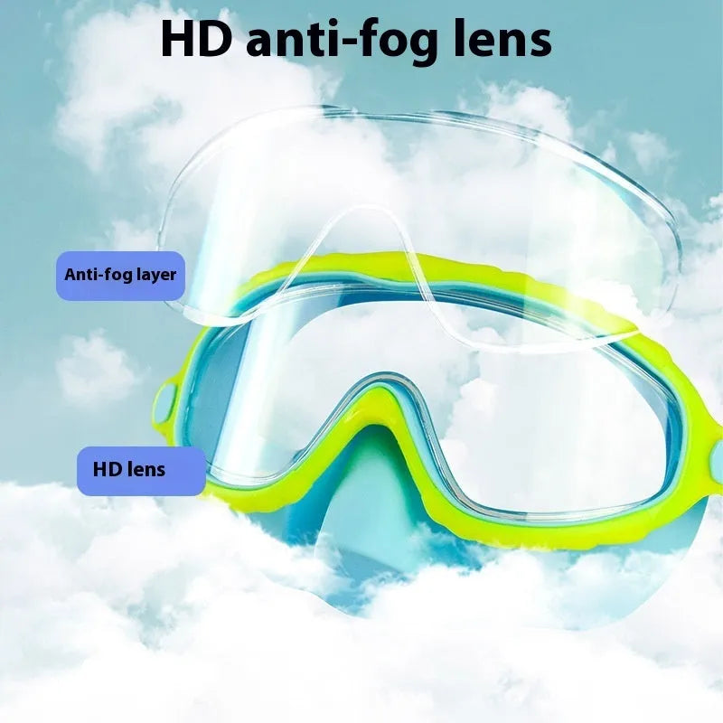 Children's anti-choke swimming goggles with HD anti-fog lens, large frame, blue pink colour