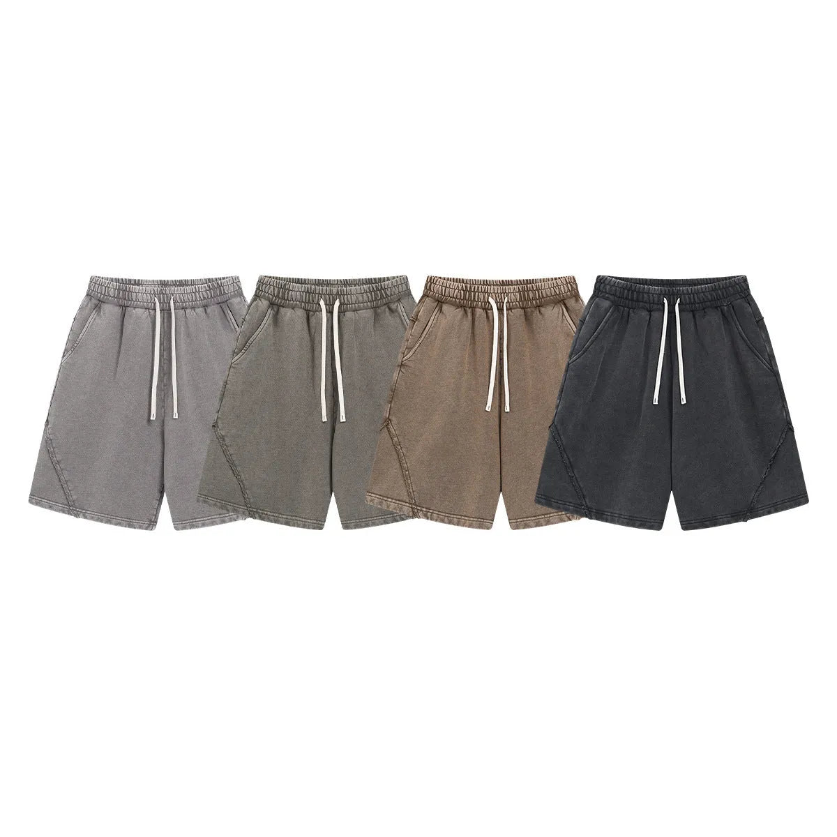 Men's loose-fit batik washed shorts in cotton terry fabric, showing patch craft details and available colour options.