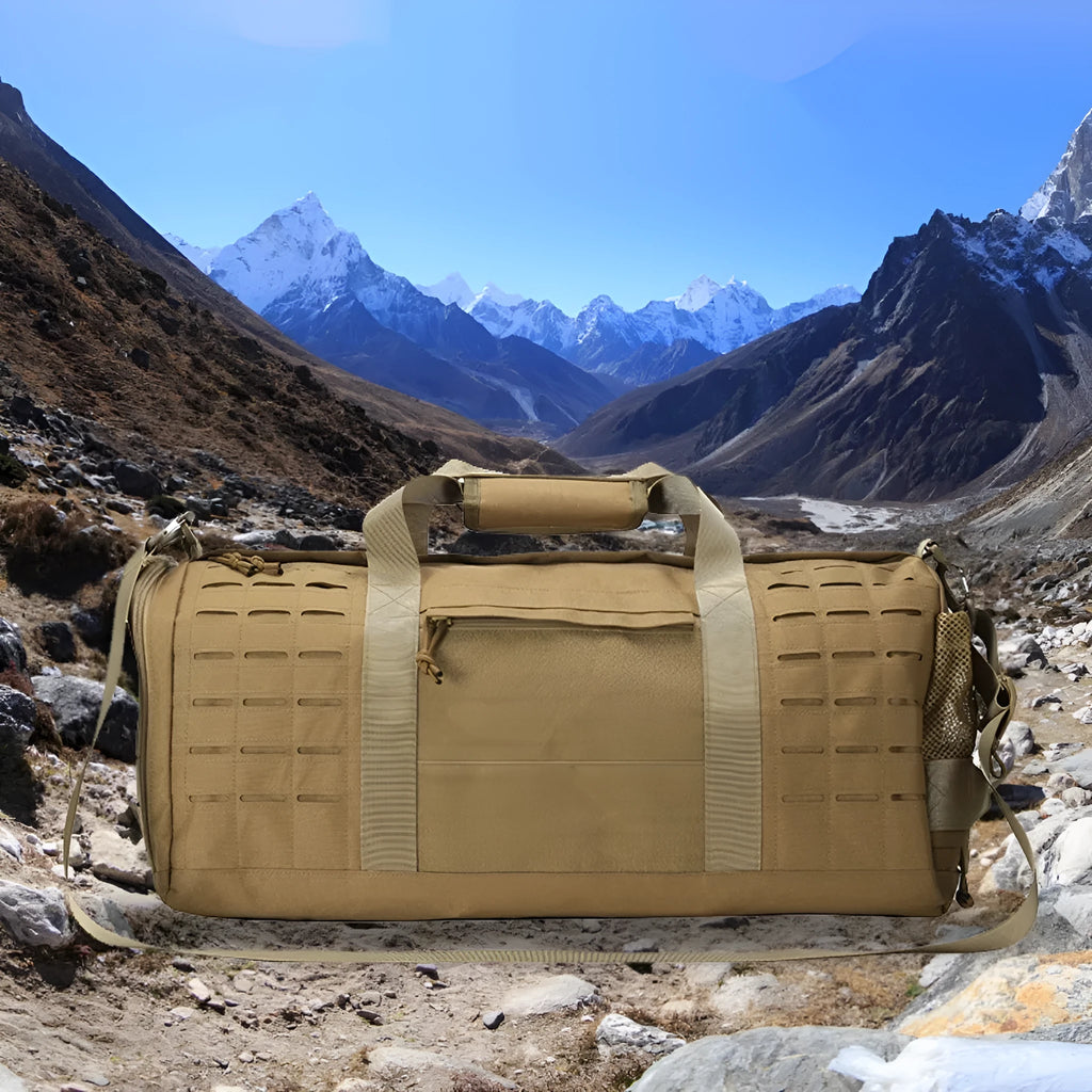 Men's waterproof Oxford cloth sports handbag showing 56x26x25cm dimensions and air pillow belt system