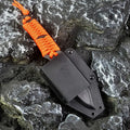 Outdoor camping rope knife with 80mm 5Cr15 steel blade, binding rope handle, and ABS sheath