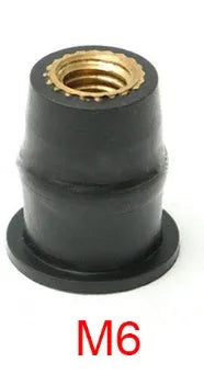 Motorcycle black rubber well nut fasteners with brass nuts in M4, M5, M6 sizes.