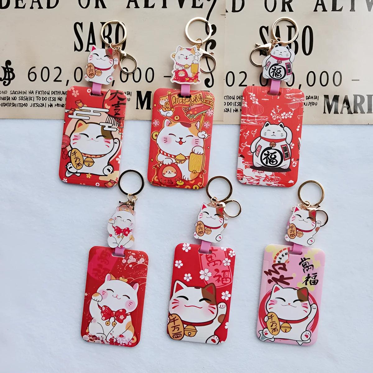 Lucky Cat cartoon theme plastic certificate sleeve set with ferrule pendant for display.