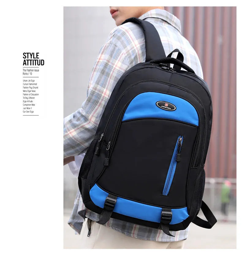Waterproof nylon student backpack with airpillow straps available in black, red, blue, and grey colours