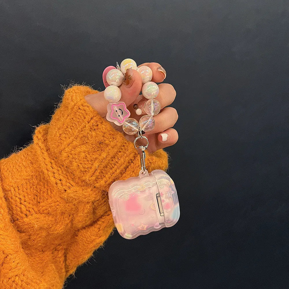Pink transparent silicone AirPods case with three-dimensional five-pointed star design and star hand rope