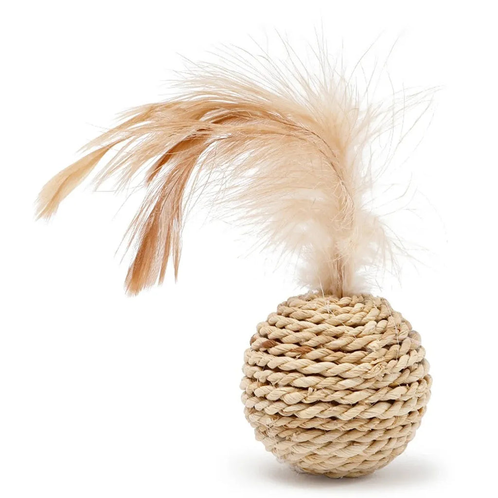 Two cat toys: rattan ball and faux feather ball with bell in primary colours