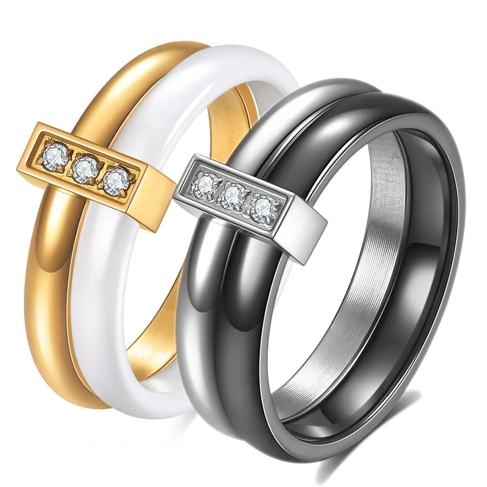 Ceramic geometric ring with glossy stitching and zirconium detail in steel black finish