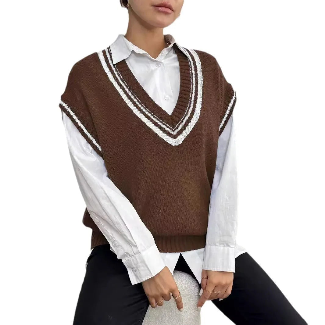 Women's blue college style acrylic polyester vest sweater with loose fit design