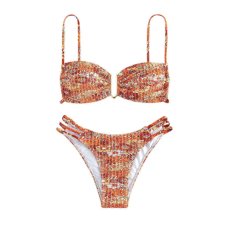 Women's floral bikini swimsuit with high waist style in blue, orange, pink and rose red colours