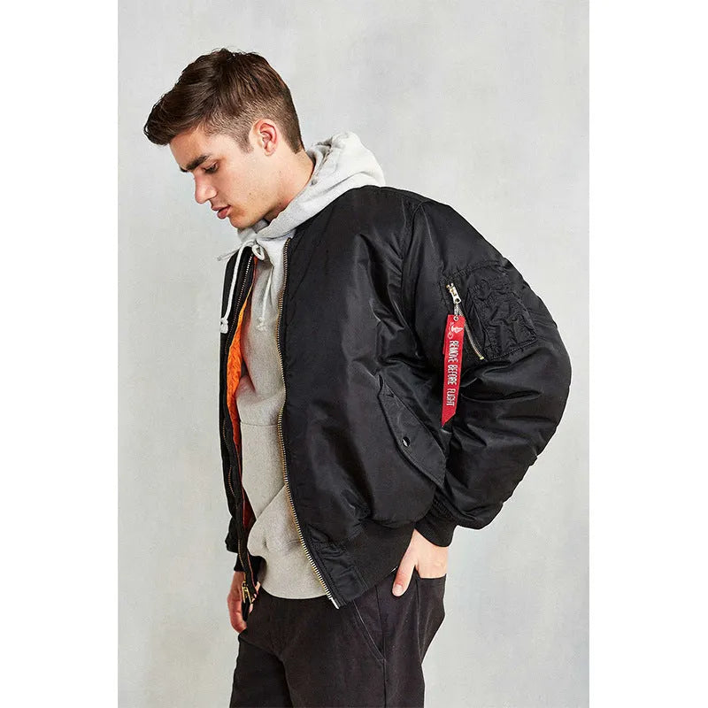 Men's army green cotton-padded pilot jacket with a loose fit and zipper front.
