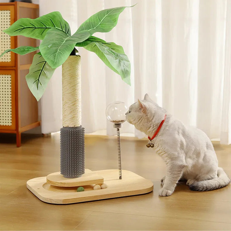 Wooden vertical cat scratching post in a canna colour on a simple base.