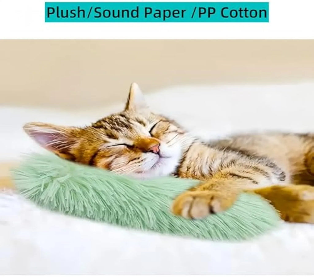 Colourful cat pillow toy with plush material and crinkle sound feature for indoor feline play