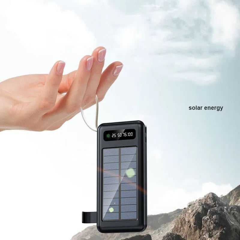 Solar power bank in black or white plastic shell showing dimensions and capacity options