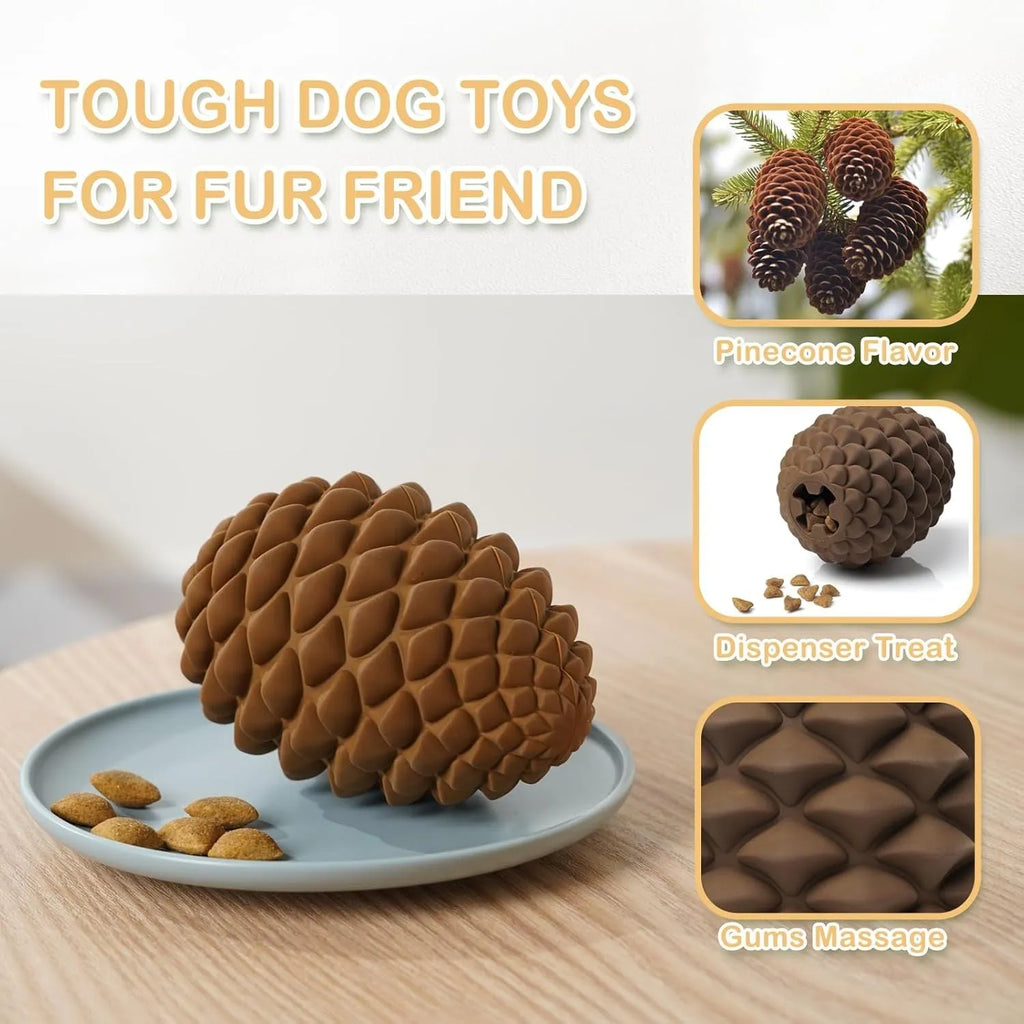 Yellow pine cone shaped natural rubber dog chew toy with treat dispenser