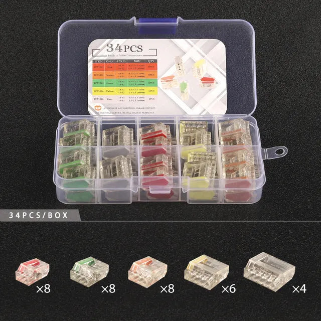 Household wire terminal connector kit with flame retardant PC housing, 24A 400V rating, and orange and green 253 terminals