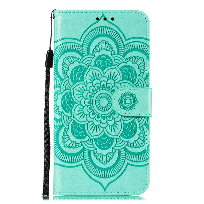Mandala mobile phone leather case with card insertion, lanyard, bracket and magnetic suction for selected iPhone models