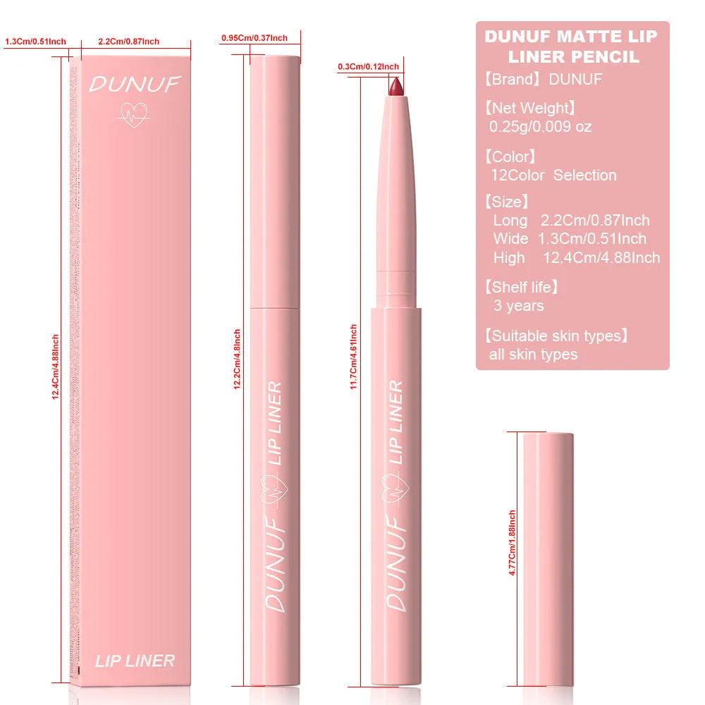 Velvet matte lip liner twist-up pencil shown in one of 12 available colours.