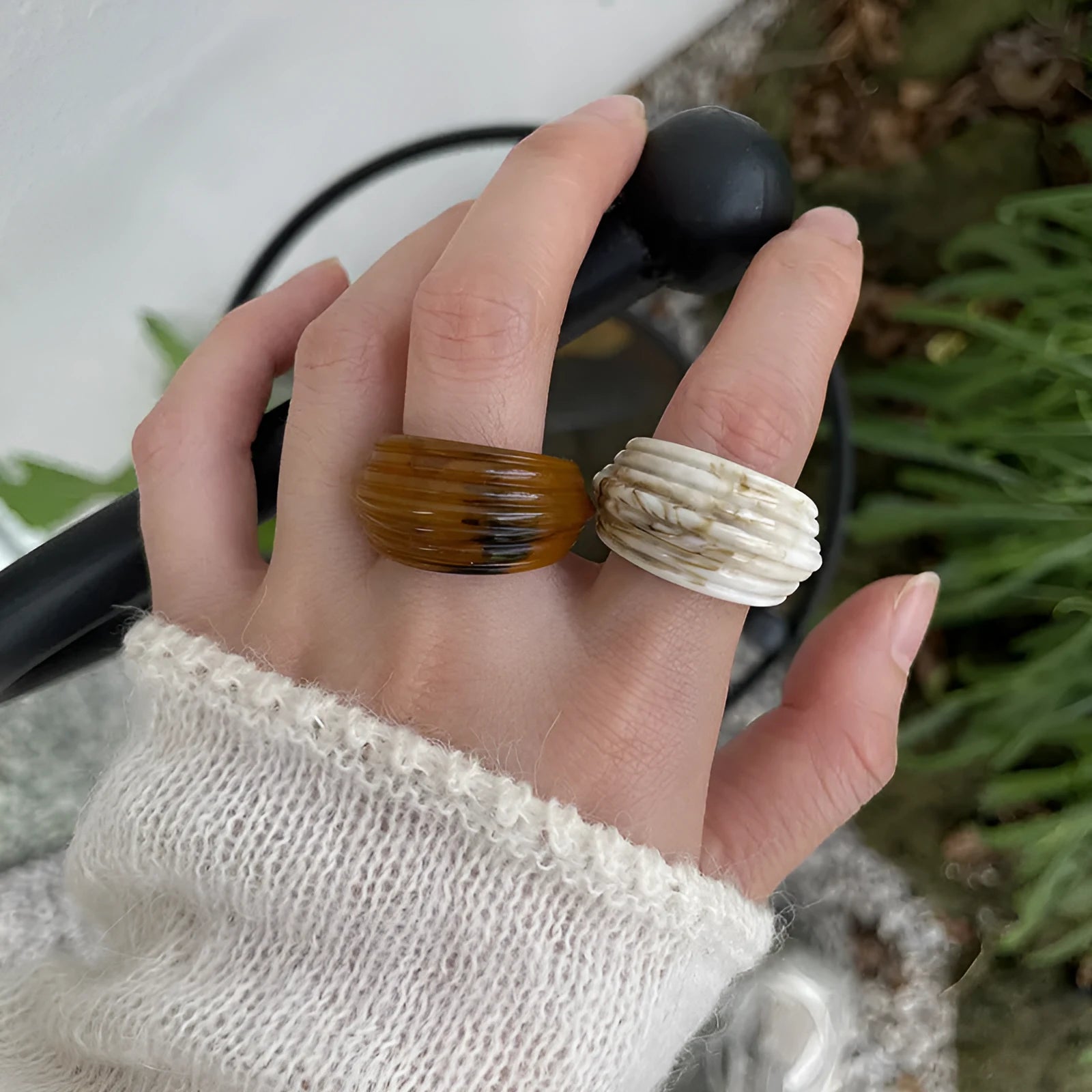 Chinese style irregular geometric resin wide ring in brown colour options