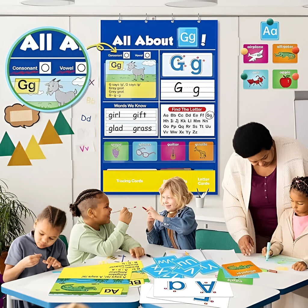 Alphabet learning chart sleeve table with word cards, letter cards, and picture cards for home education.