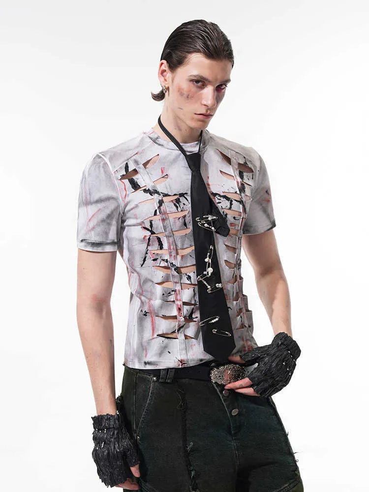 White men's cotton t-shirt with cut-out hollow-out detailing on short sleeves