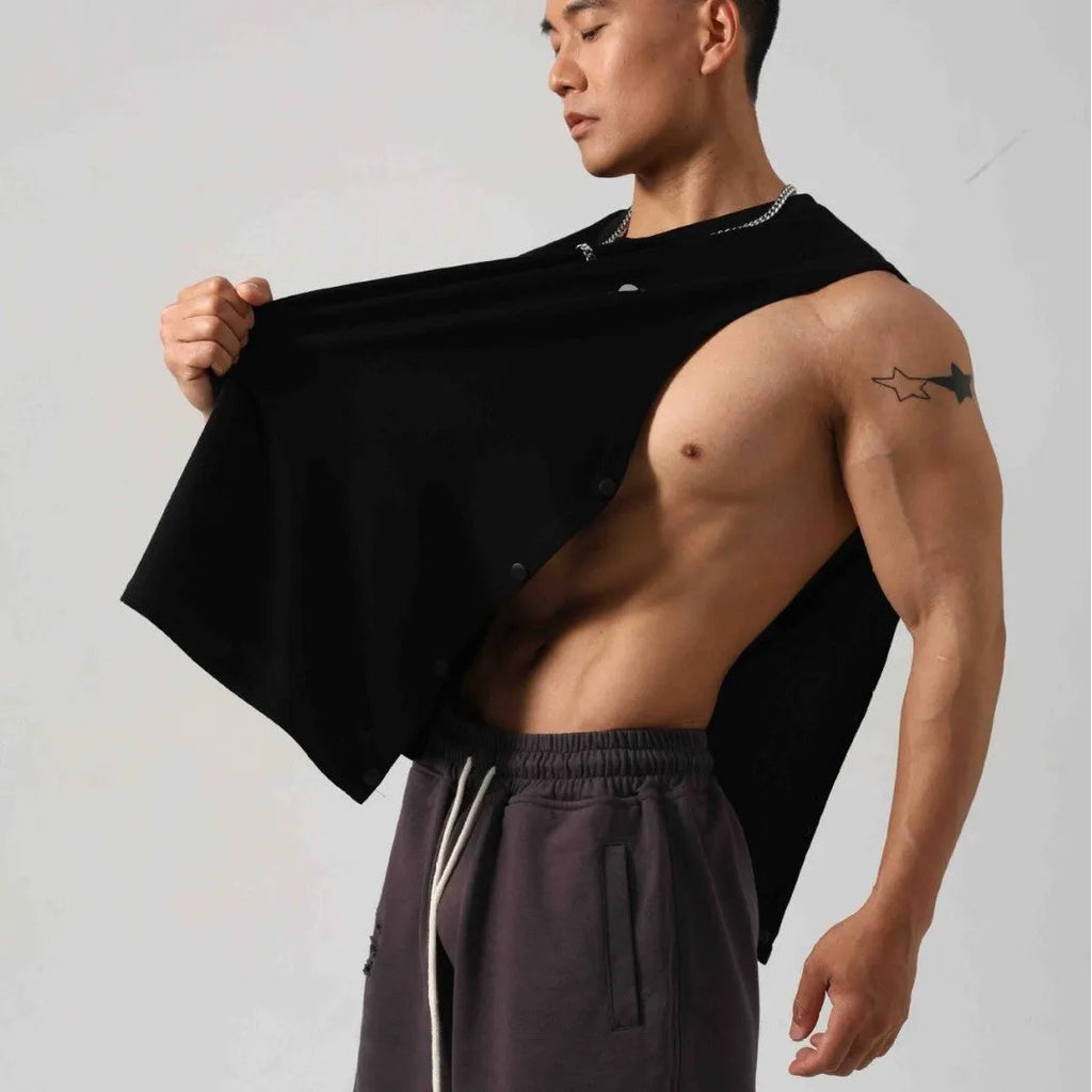 Men's black Korean style loose fitness vest with hidden hook openings on the sides