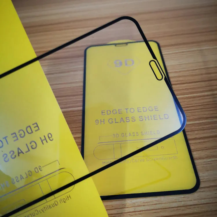 Black-bordered tempered glass screen protector for Xiaomi phones on a white background.