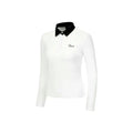 Women's white long sleeve golf top with slim fit polyester construction for outdoor sports