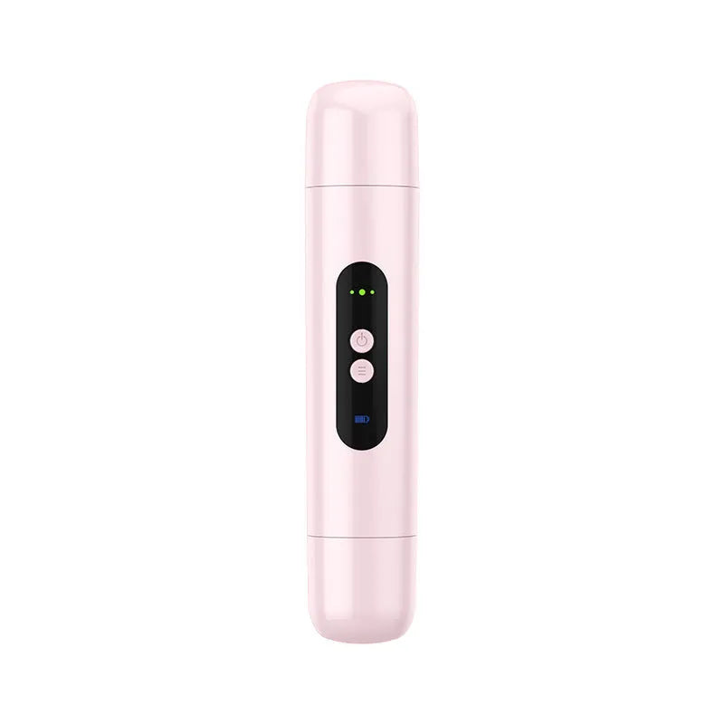 Pink and white portable electric body hair trimmer with USB cable and floating blade depilator