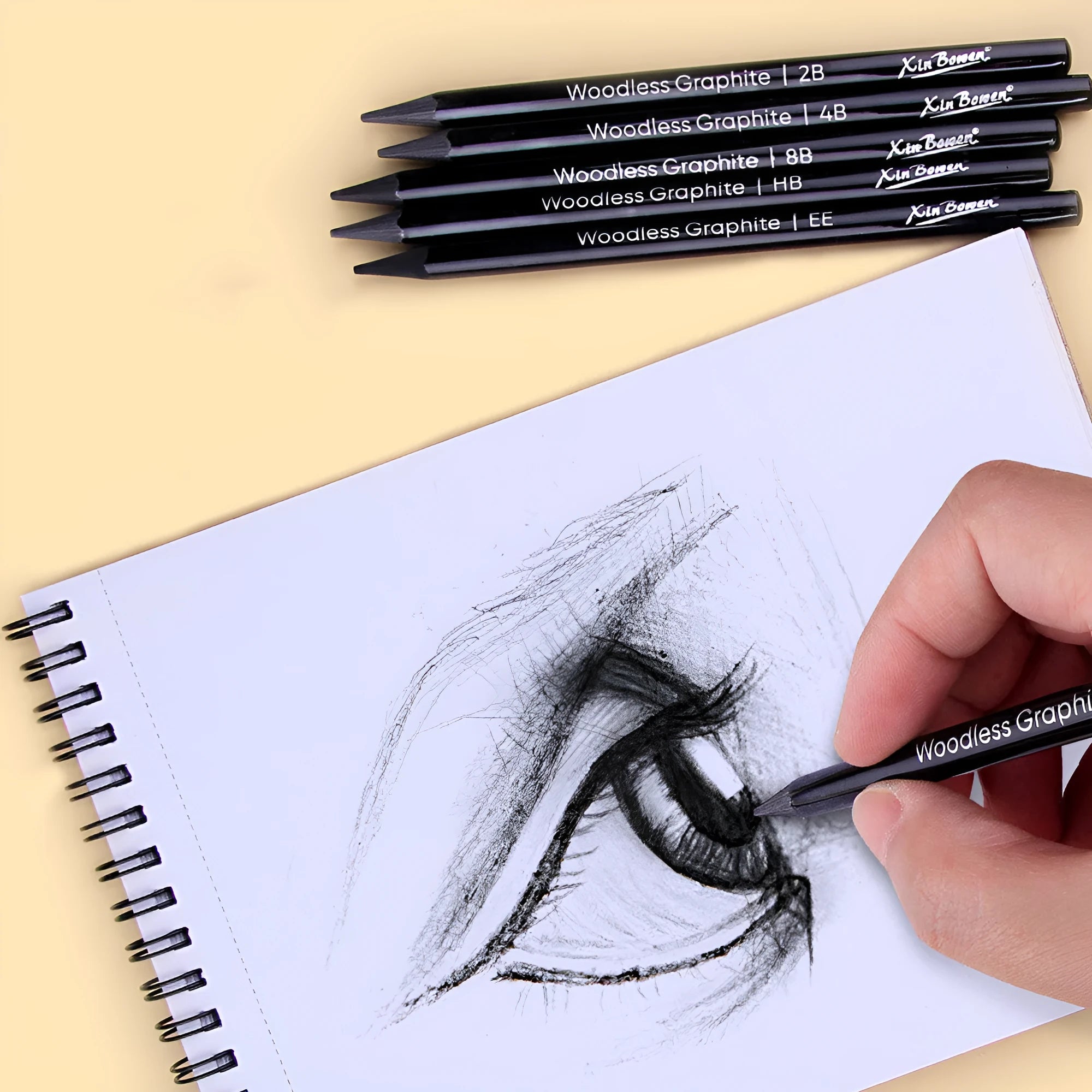 Set of six wood-free graphite sketching pencils with grades HB 2B 4B 6B 8B EE for art drawing