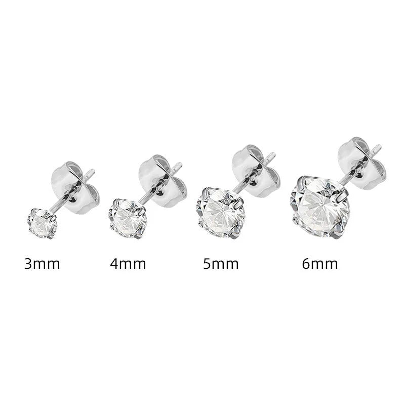 Titanium steel geometric zircon stud earrings in steel colour and gold finish with round zircon stones ranging from 2mm to 8mm