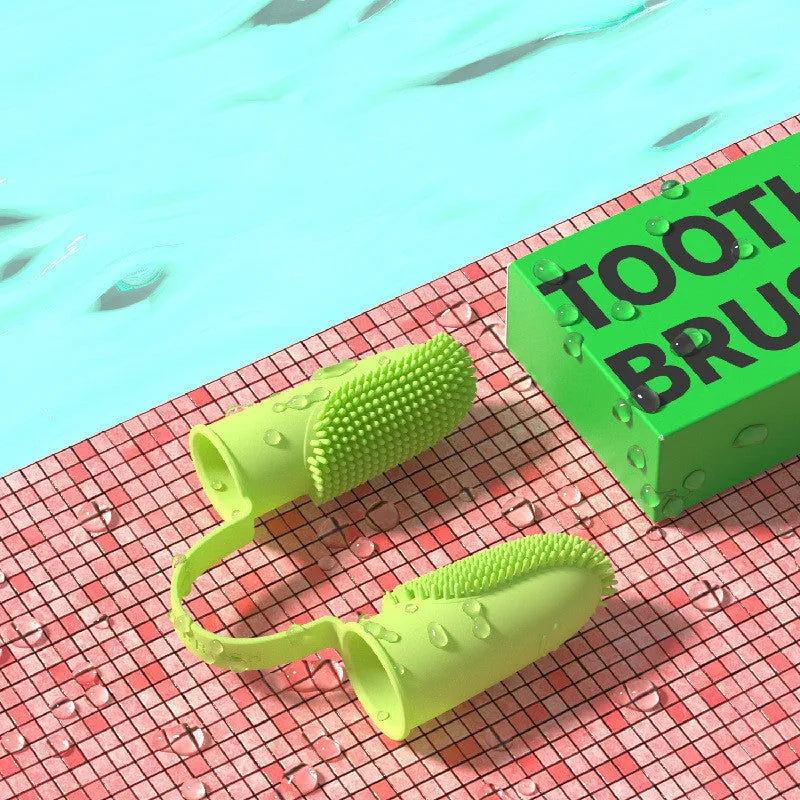 Pet dental finger toothbrush set in pink, blue green, and grass yellow colours, showing double finger TPR design.