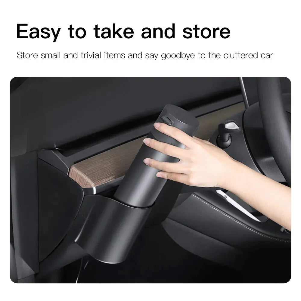 Plastic dashboard cup holder for left-hand drive Tesla Model 3 and Model Y vehicles.