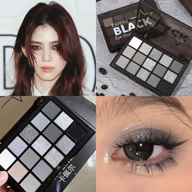 15-colour eye shadow palette showing matte and shimmer pans in brown and blue earth tones