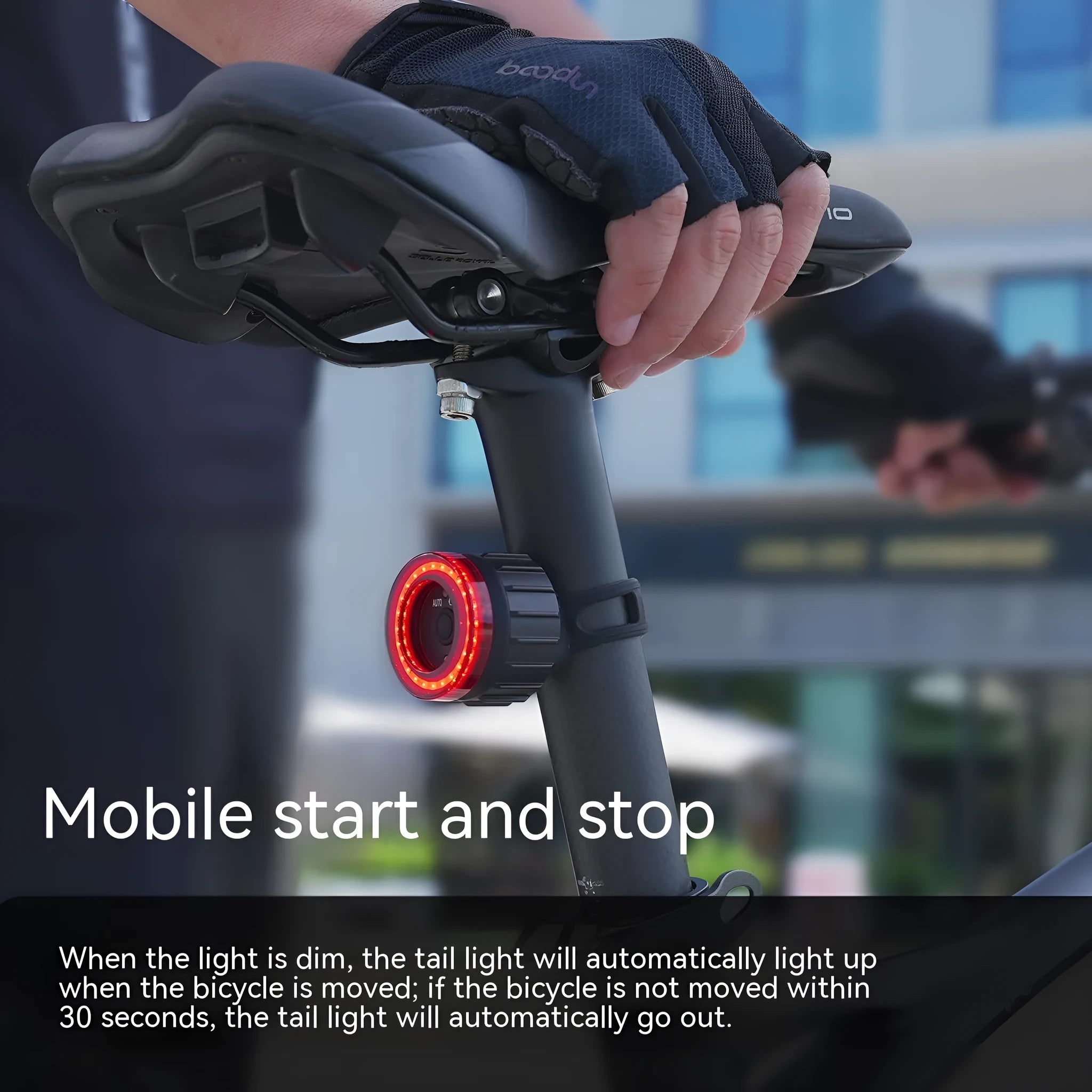 Black intelligent induction brake taillight for bicycles with seatpost mount.