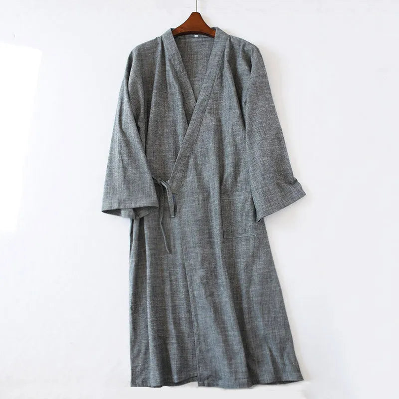 Men's woven cotton mid-length nightgown and home bathrobe in grey or navy blue, sizes M and L