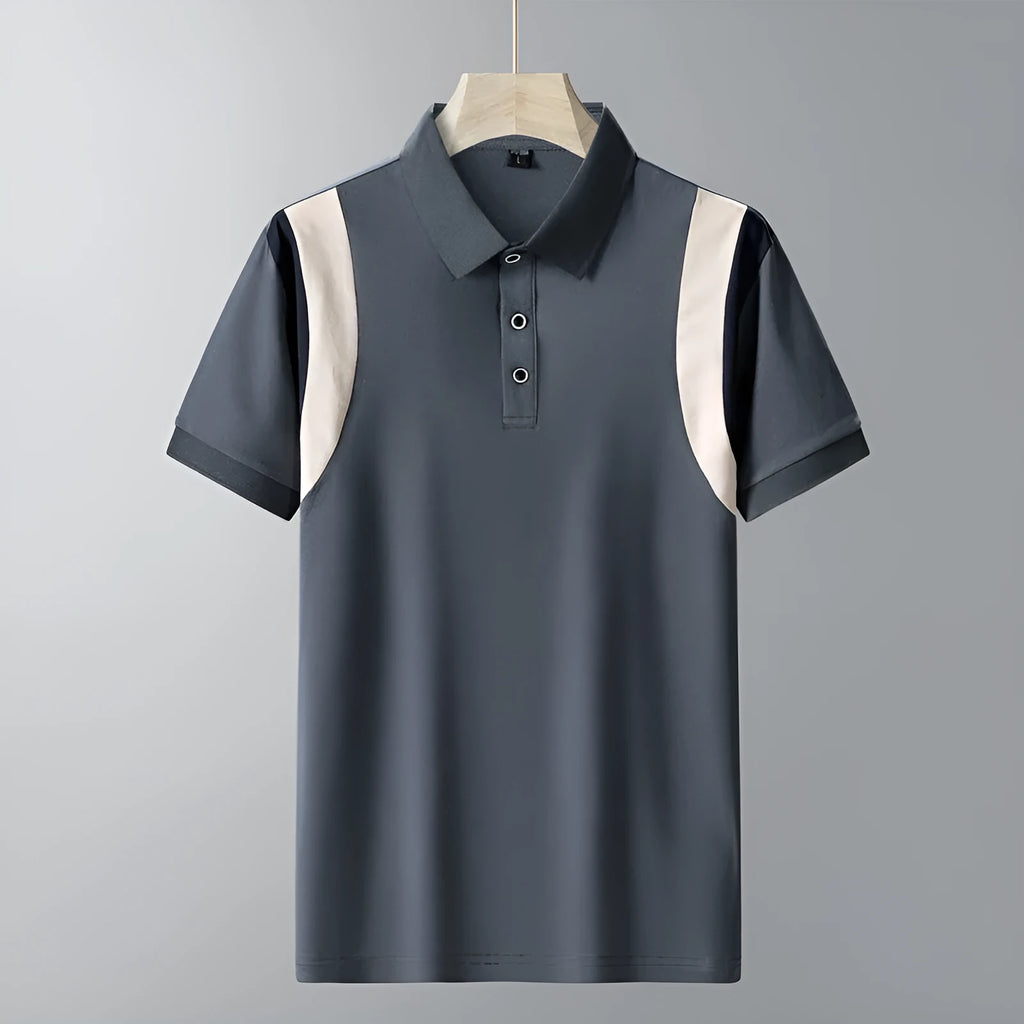 Man wearing a thin grey striped cotton T-shirt with a business lapel collar and short sleeves.
