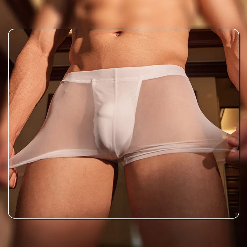 Men's black and white ultra-thin nylon boxer briefs laid flat