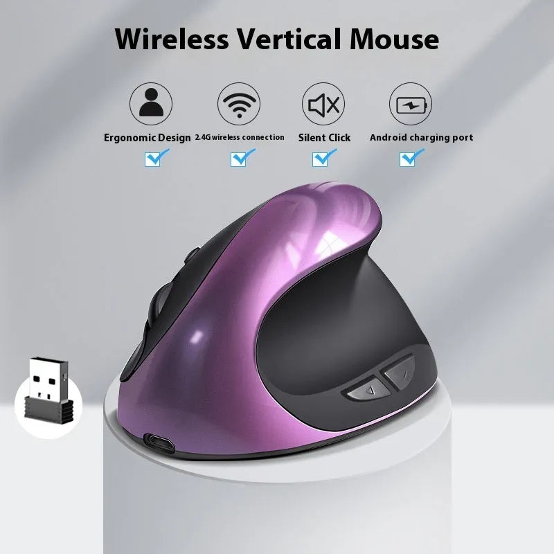 Three Generations wireless vertical ergonomic mouse in black, shown on a desk next to a laptop.