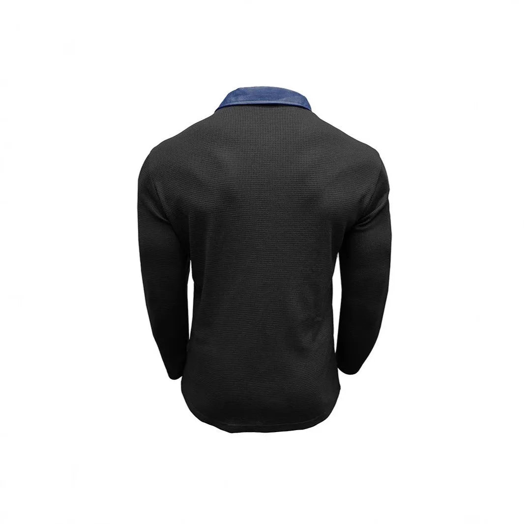 Men's loose-fit waffle knit polo shirt in polyester showing American retro styling and asymmetric details