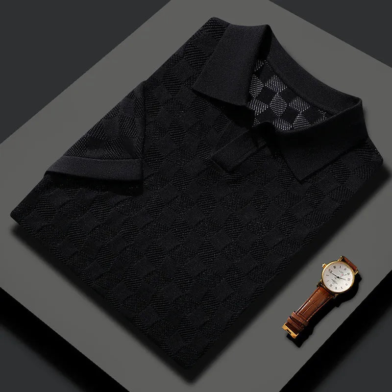 Men's short sleeve mulberry silk sweater with lapel collar in solid colour for business casual wear