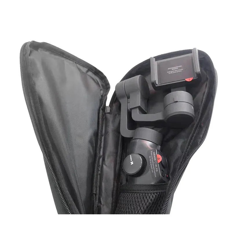 Black cloth portable storage bag for mobile phone stabilizer accessories.