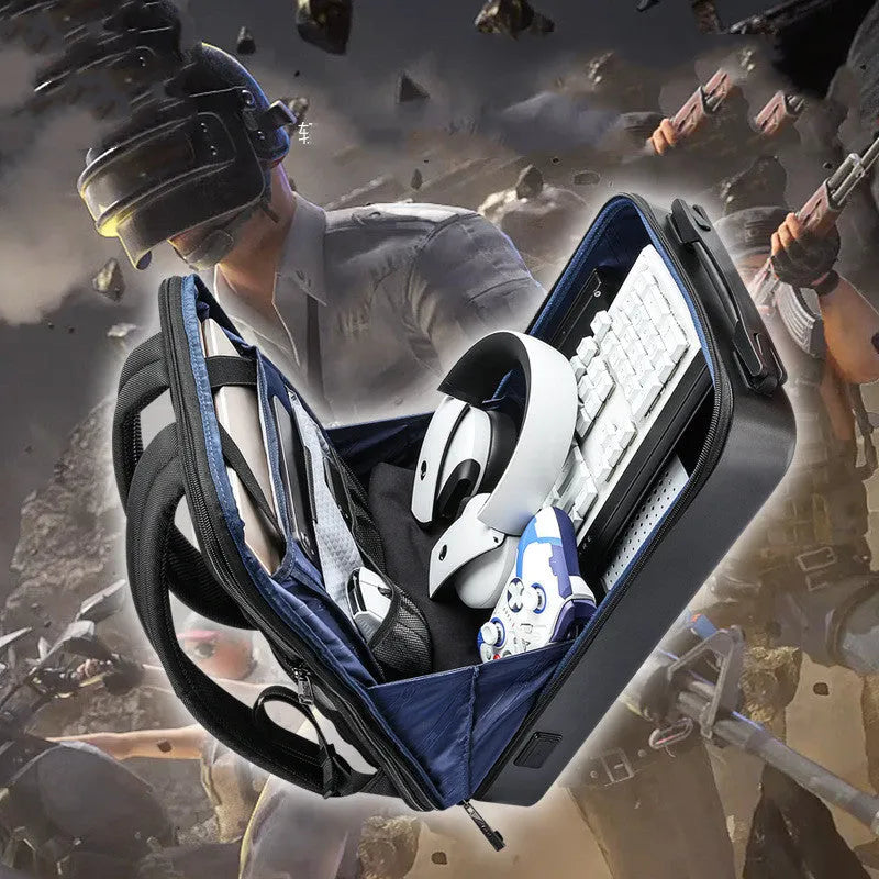 PC hard shell gaming backpack in Titanium Gold and Silver colour with anti-theft lock and multiple internal pockets