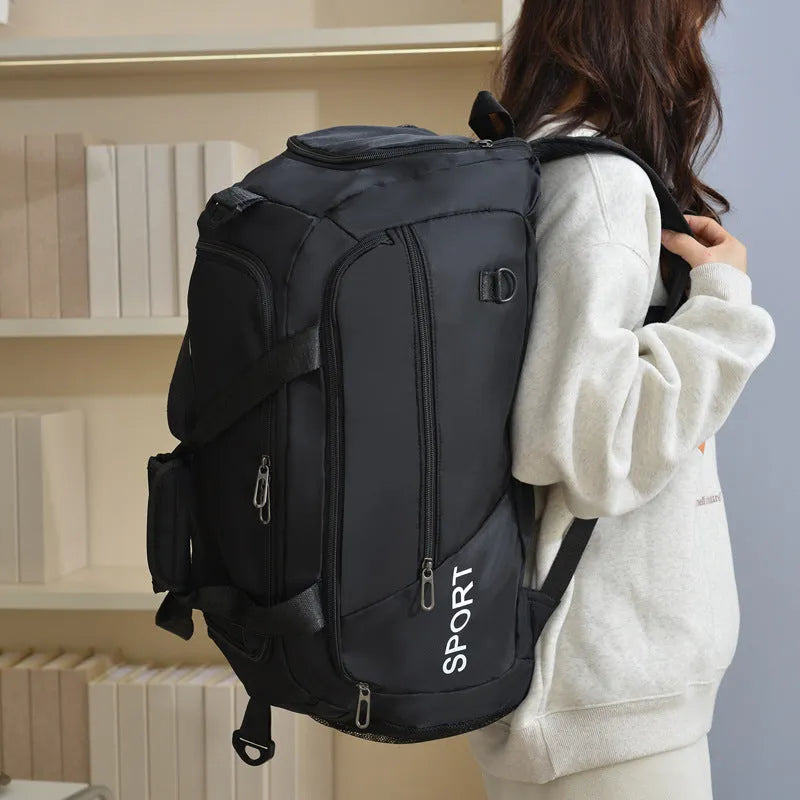 Large capacity nylon gym bag with dry wet separation, available in black, green, pink, blue, and gray for women