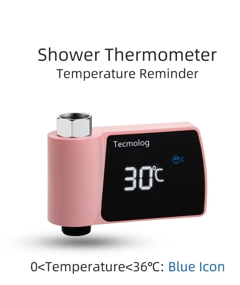 Plastic visual shower faucet water thermometer in black, blue, pink, or silver, 16cm x 11.5cm x 5cm