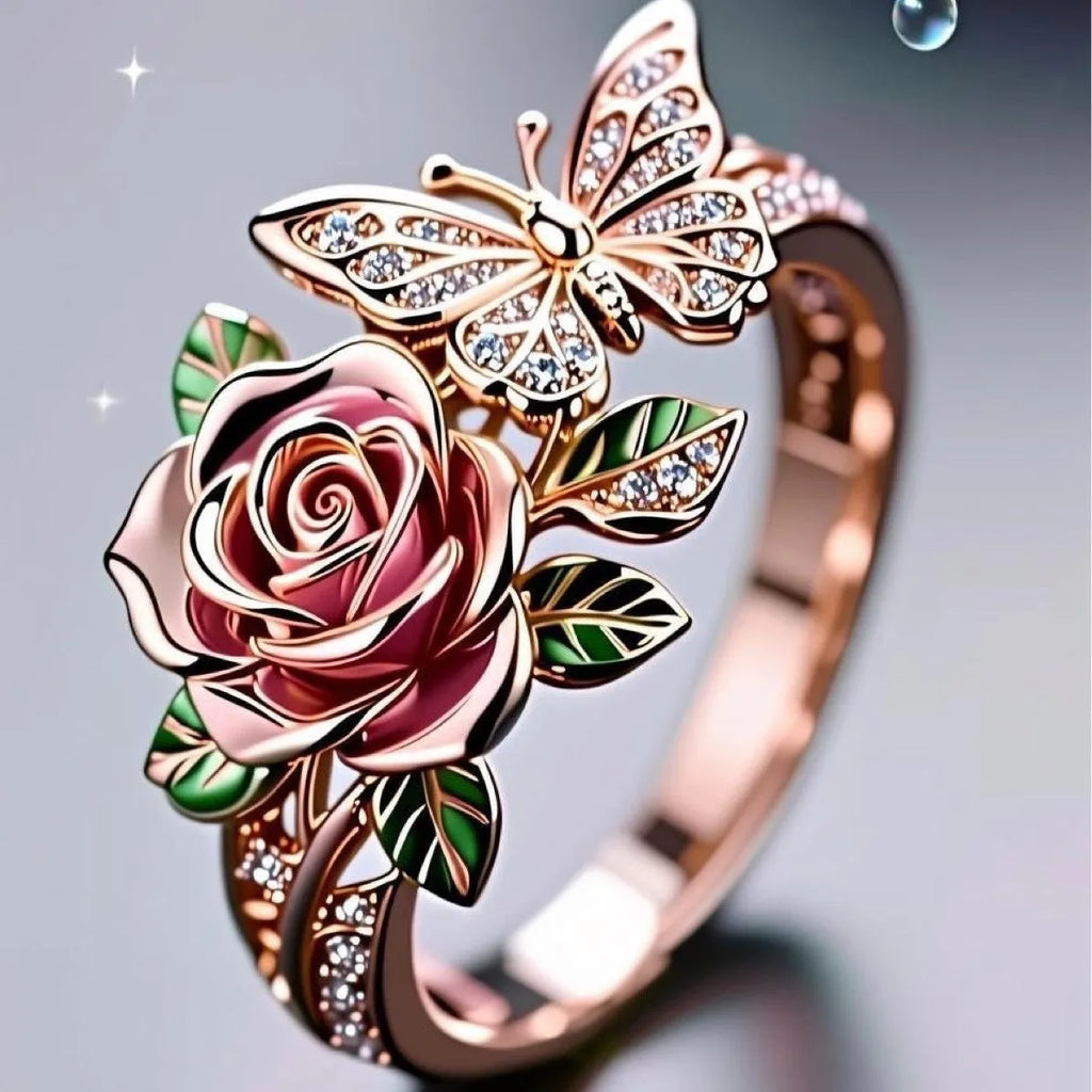 Adjustable butterfly ring with colourful oil drip design featuring floral and insect motifs